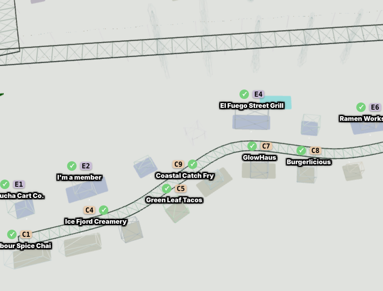 Operational site map showing named vendor plots, plot numbers and trees.