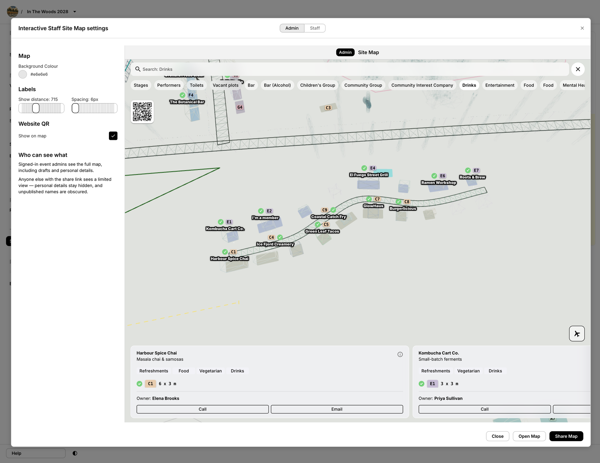 Printable site map preview with a legend and layout export settings.