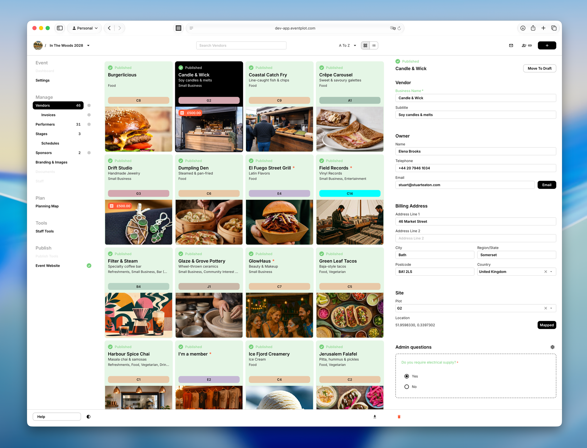 Vendor cards with a selected vendor profile open in the details panel.
