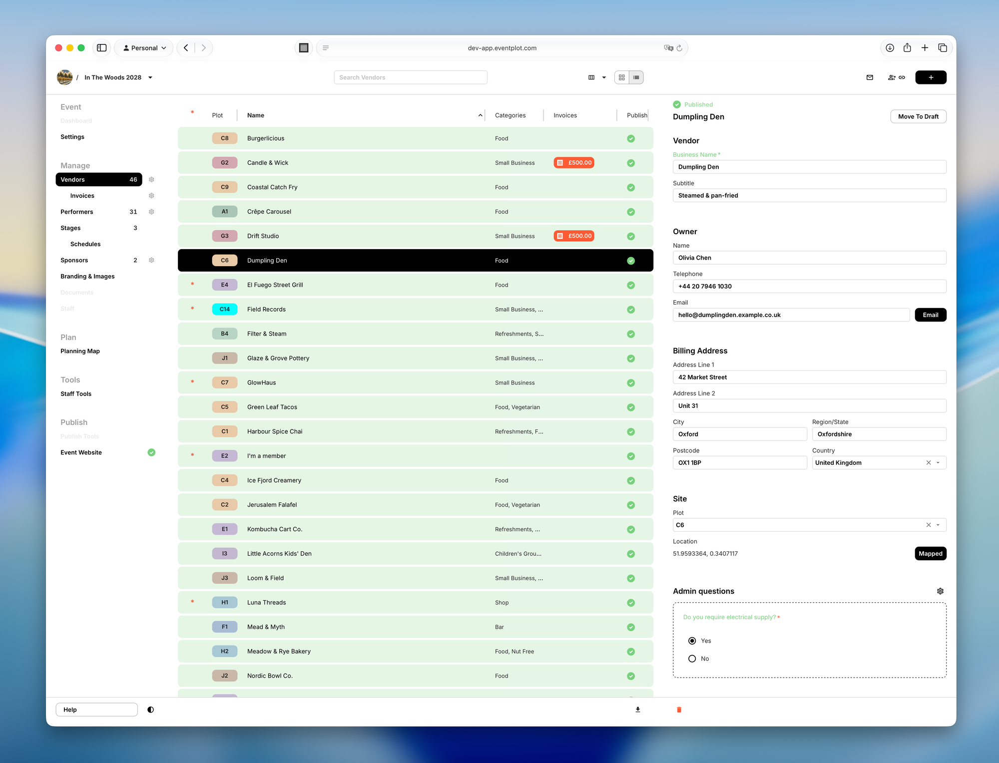 Vendors in table view with a selected vendor profile alongside.