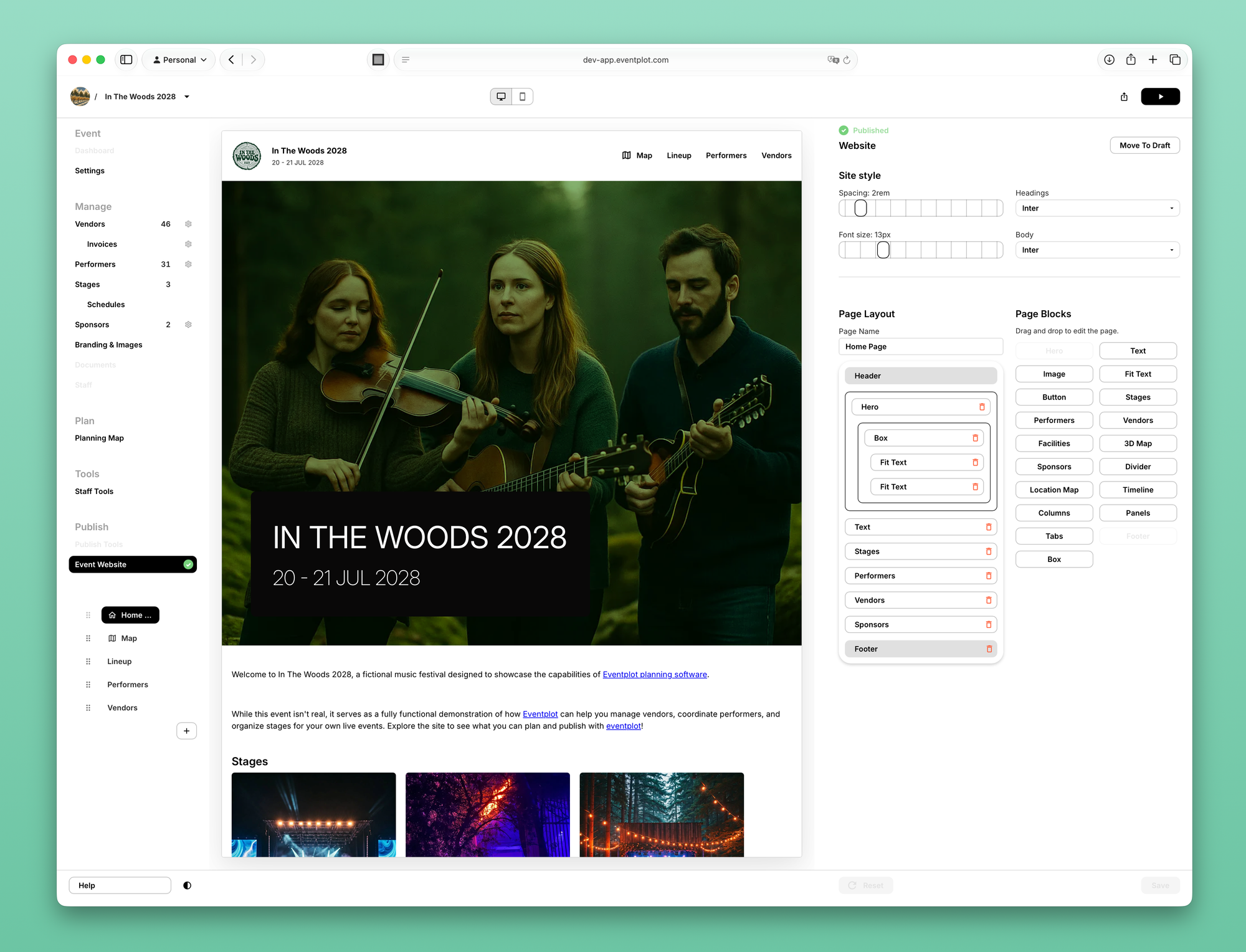 Event website editor showing the In The Woods homepage and layout settings.