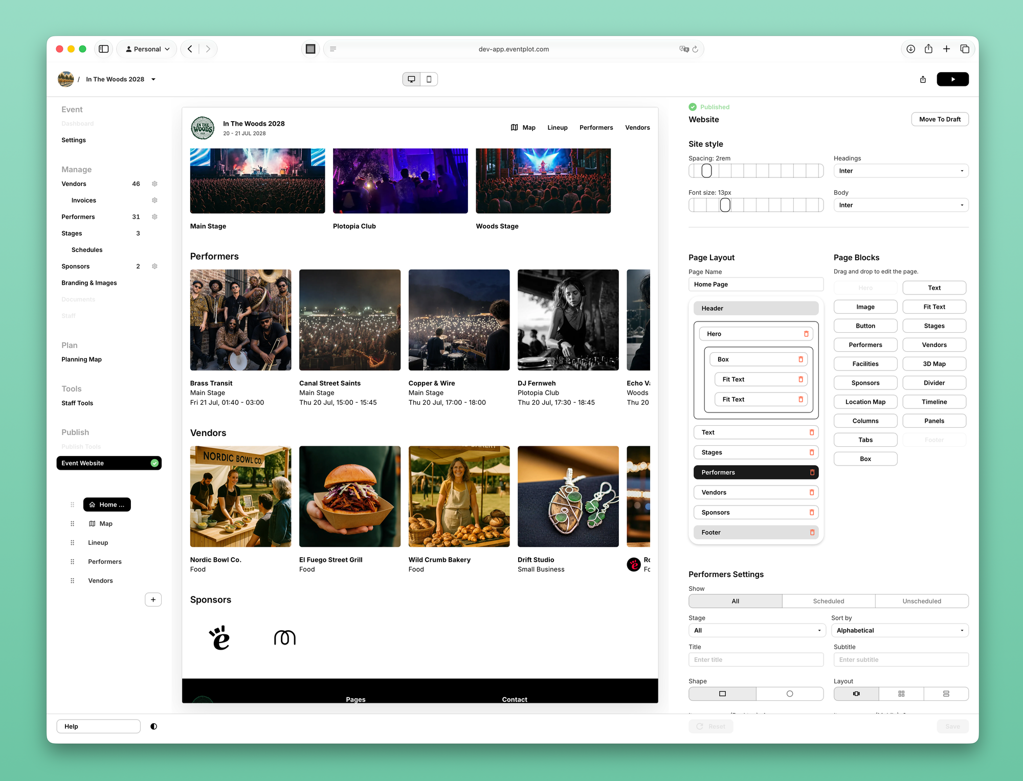 Performer and vendor card grids in the event website editor.