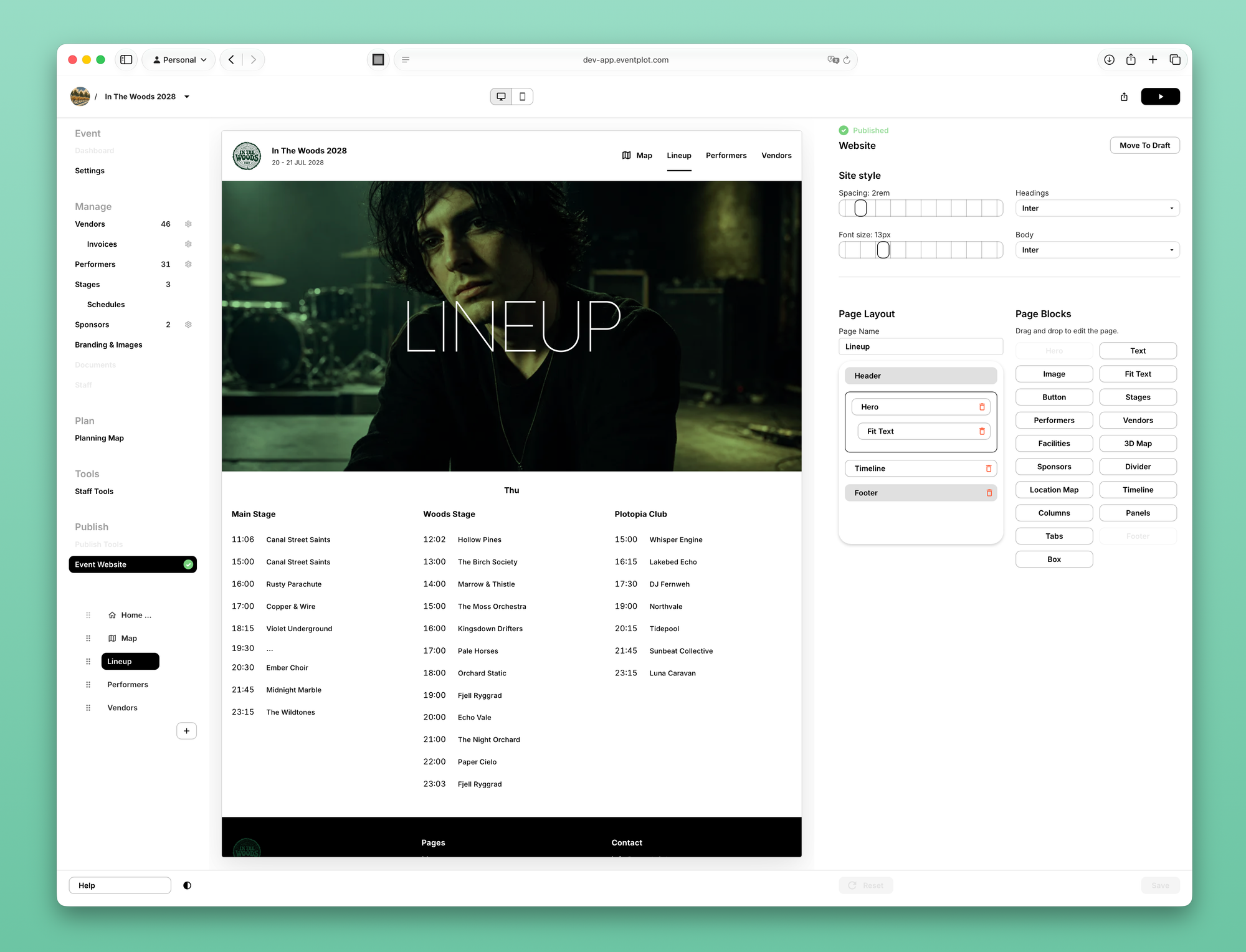 Lineup schedule page in the event website editor.