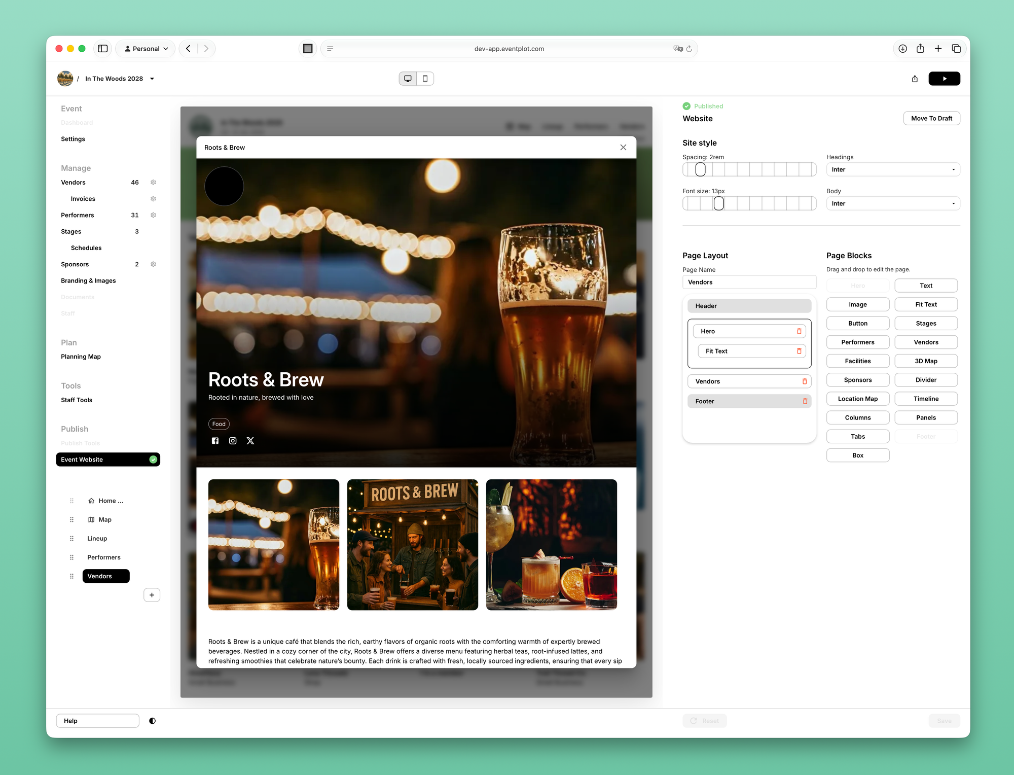 Roots and Brew vendor page with a photo gallery on the event website.