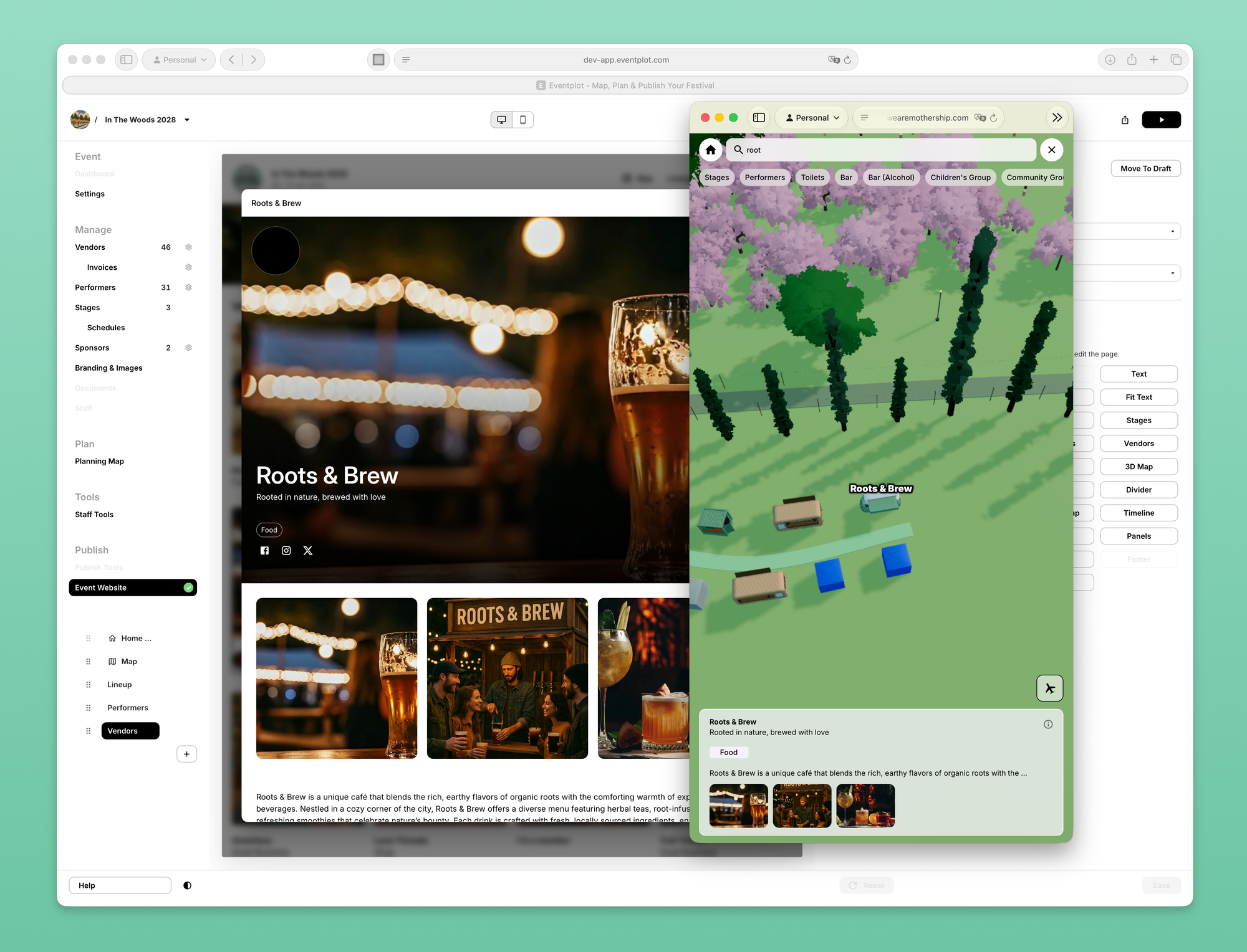 Vendor website profile displayed alongside its mobile public-map popup.