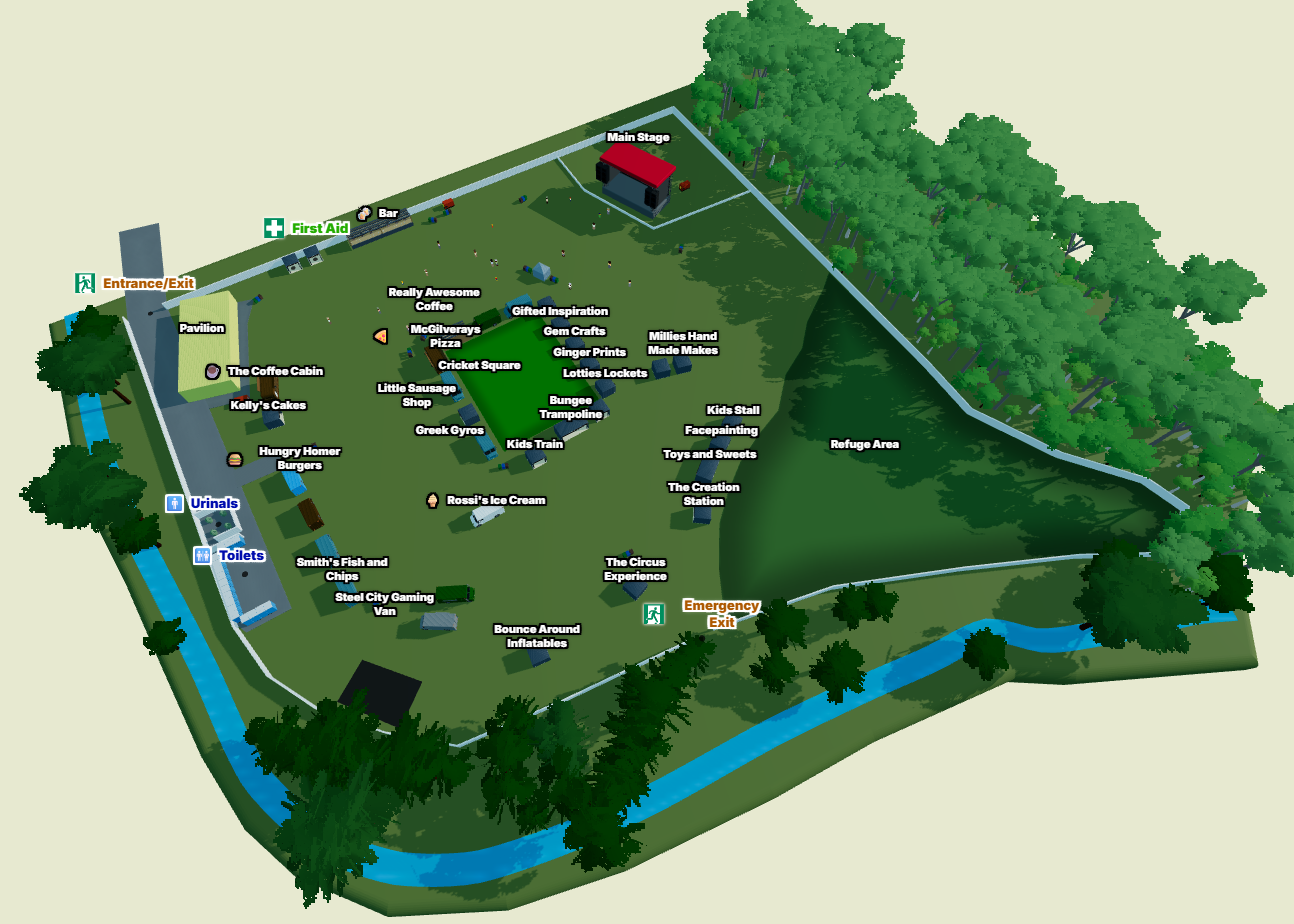 Oughtifest 3D site plan showing the stage and labelled vendor plots around the cricket field.
