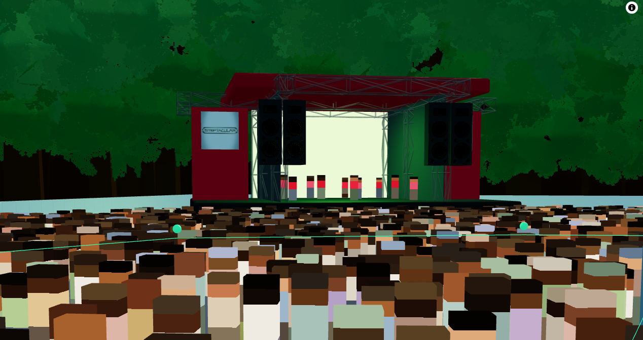 Audience-eye view of the planned Oughtifest stage and crowd in Eventplot.